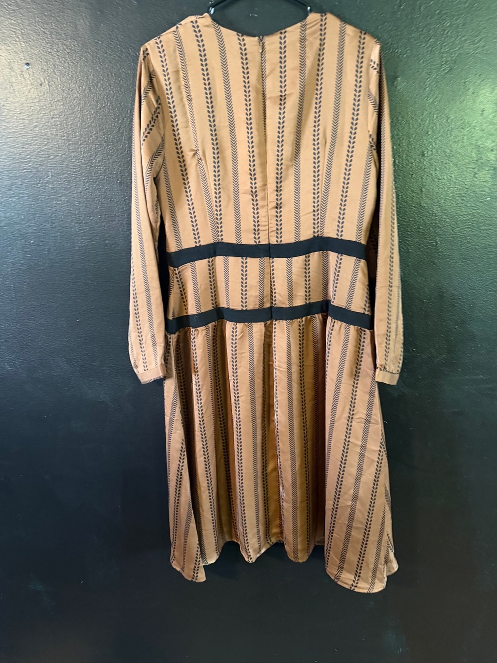 Tweeds Beige Striped Long Sleeve Midi Dress with Black Bands